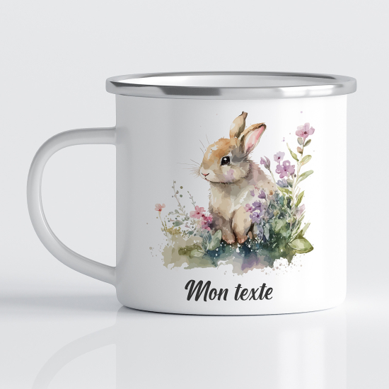 Emaille tasse personalisiert für Kinder - Hase Blumen