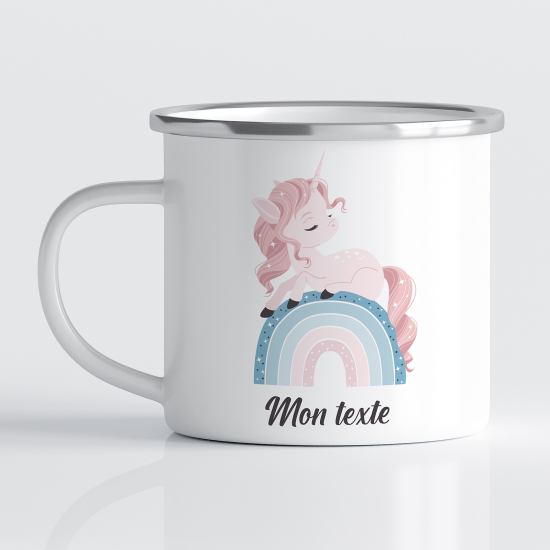 Emaille tasse personalisiert für Kinder - Regenbogen-Einhorn