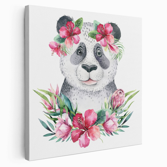 Leinwandbild für Kinderzimmer - Panda Blumen