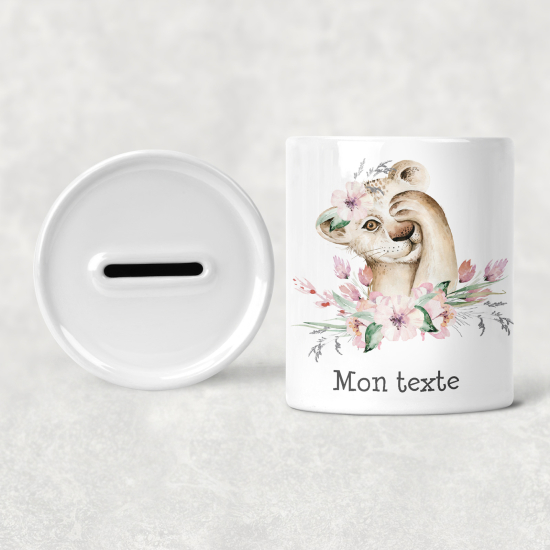 Personalisierte Sparschwein für Kinder - Löwenjunges Blumen