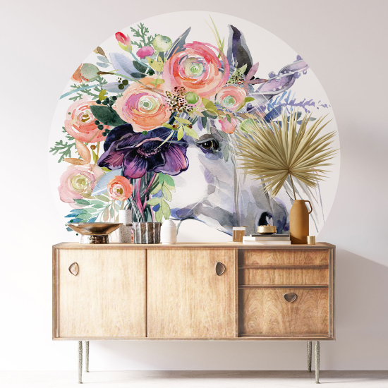 Kinderzimmer Wandtattoo rund - Einhorn Blumen
